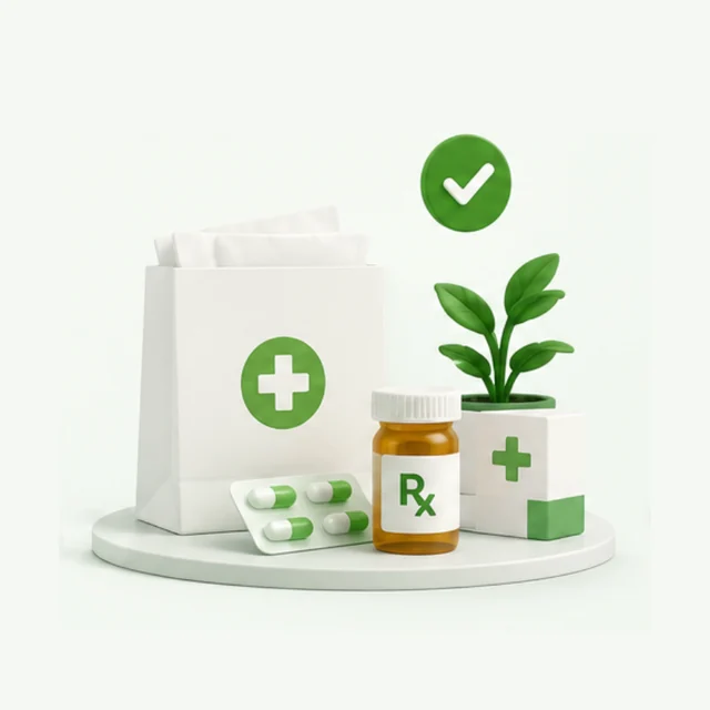 A prepared Pill4Me order: a pharmacy bag, a labelled prescription bottle and a blister pack of capsules, checked and ready.