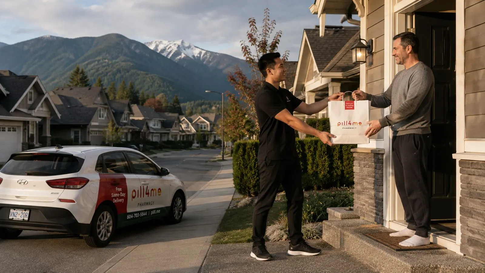A Pill4Me pharmacy driver handing a prescription bag to a customer at their front door in Chilliwack, BC, with the branded free same-day delivery car parked at the curb.