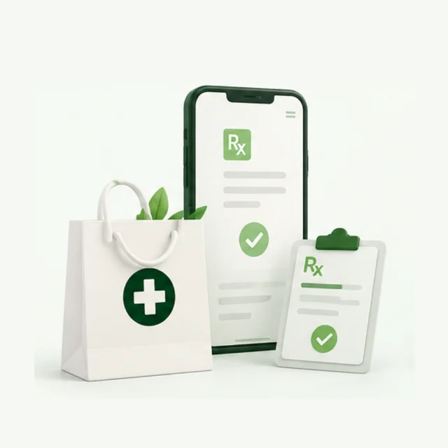 A Pill4Me pharmacy bag beside a phone showing a prescription transfer form and a clipboard with a filled prescription.
